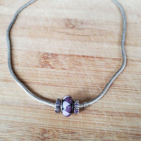 Pandora Sterling Silver Snake Chain Necklace, 3 Purple Pandora Beads, Murano, CZ - Picture 1 of 8